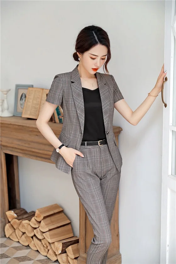Brown Plaid Модная клетчатая форма, стильные блейзеры, женские деловые костюмы с топами и брюками, летние женские брючные костюмы, комплекты брюк - Цвет: Brown Plaid