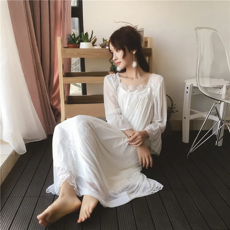 Осенняя Фея красивые Винтаж кружева сетки ночная рубашка женская принцесса пижамы Для женщин с длинными рукавами ночные рубашки ретро 3105