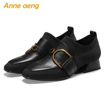 

2019 New Spring/Autumn Genuine Leather Women Pumps Middle Heel Square Toe Metal Sexy Ladies Women Cow Leather Shoes Black Pumps