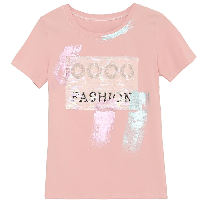 

Summer 2019 new fashion sequined gilded women t-shirt cotton short-sleeved Korean T-shirt female wild o-neck black tops 26202