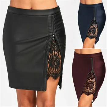 

2019 Summer Autumn Pu Leather Skirt Women Sexy Solid Black Blue Mini Skirt Zipper A-Line Package Hip High Waist Women Clothing