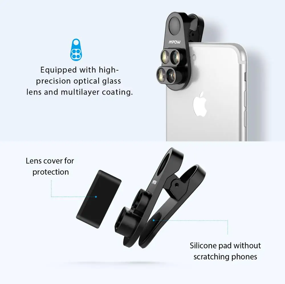 Mpow 4 в 1 клип на камеру двойной объектив Комплект 0.65X Широкоугольный Рыбий глаз 10X макрообъектив 1.5X телеобъектив для iPhone 8 7 6 6 s/plus