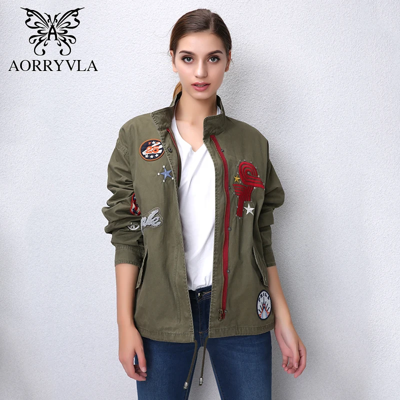 AORRYVLA New Fashion Women's Basic Jackets Autumn 2017 Cotton Full Sleeve Embroidery Rivet Regular Length Casual Women Jacket