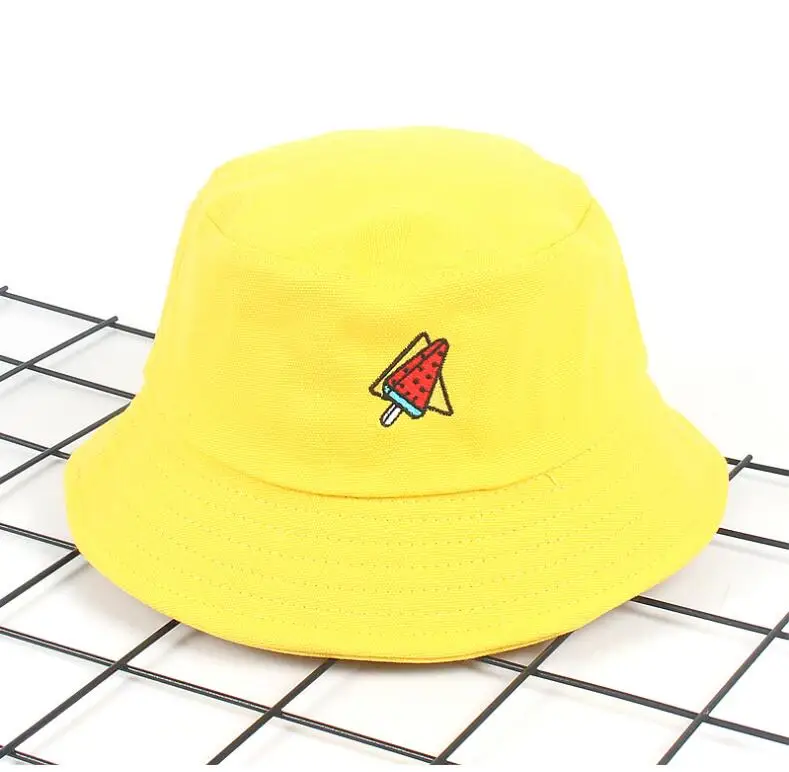 Новинка, корейская шляпа-ведро с арбузом для мужчин и женщин, модная шапка унисекс с вышивкой для рыбалки, шапка Bob, Панама, шляпа для девочек и мальчиков, шапка boonie - Цвет: Цвет: желтый
