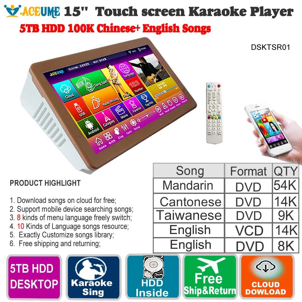 

5TB HDD 100K Songs,Chinese,English Touch Screen Karaoke Player,15'',Desktop,Cloud download,Multi-Language Menu,Home KTV Sings