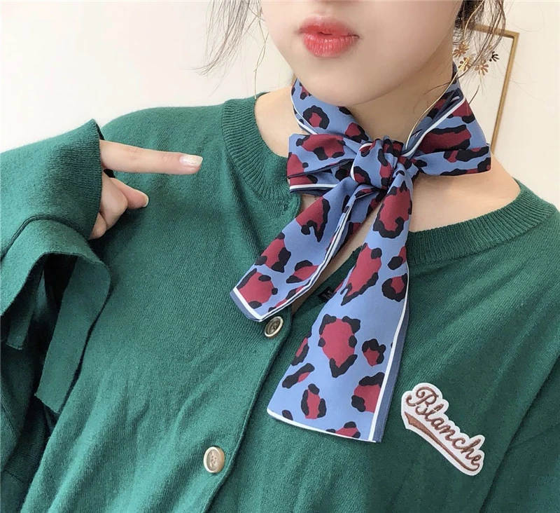 

Silk Scarf 2019 Leopard Animal Print Scarf Women Silk Scarf Small Handle Bag Ribbons Female Neckerchief Head Long Scarves