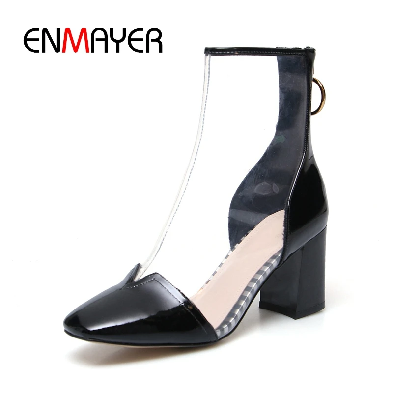 

ENMAYER 2018 Top quality women Transparent square heel boots lady color block high heel boots ZYL733