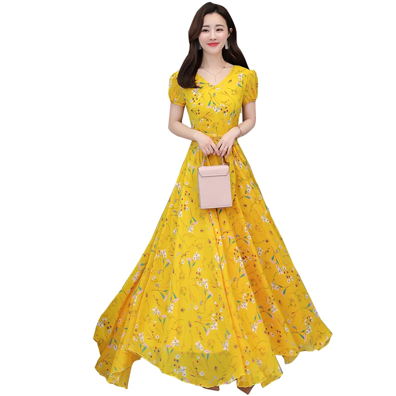 

New Long Floral Chiffon Loose Dress 2019 Summer Elegant Dress Bohemia Beach Dress Large Size Clothing for Women Dresses