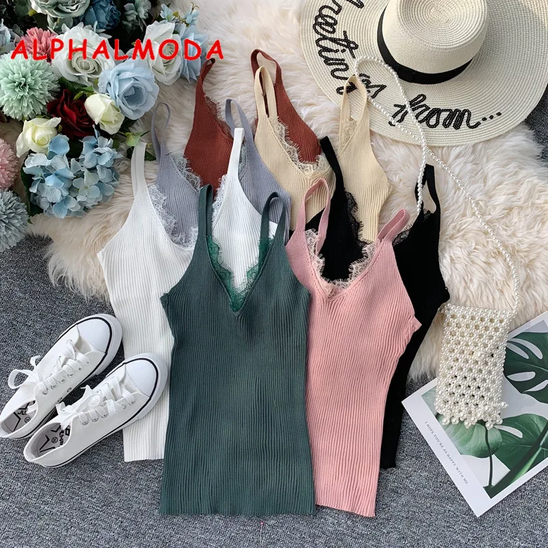 

ALPHALMODA 2019 Summer Lace Patchwork Women Sexy Knitted Vest Solid Color Slim Pullovers Female Camisole Top