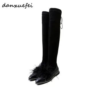 

Plus Size 34-42 Women's Real Leather Stretch Fabric Patchwork Flats Over The Knee Boots Brand Designer Real Fur Long Boots Shoes
