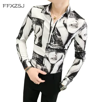 

Men's club casual trim long-sleeved shirts British print autumn shirt young man fashion hairdresser slim Asian size 3XL