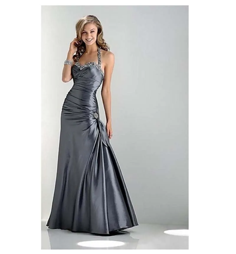 Affordable Mermaid Top Sale Beading Halter Gray Taffeta Pleated Bodice Gowns Charcoal Grey Prom