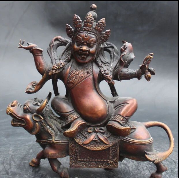 

free 9" Chinese Bronze Beast Lion Atrocious Mahakala Wrathful Deity Sculpture Statue fast