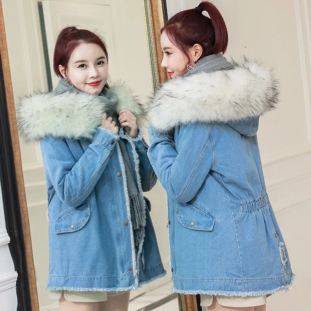 Lxunyi Denim Jeans Collar Manteau Femelle Automne White Dames Pink Collar Veste Bouton 2018 Femmes Hiver Féminin Capuchon Nouvelle beige Lâche Parka Fourrure Couvert À Poches De rq8rZFwxA