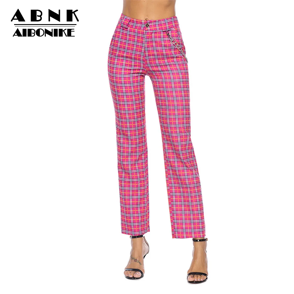 AIBONIKE High Waist Plaid Pants Women Long Pants Women Red Pink Yellow Wiman Wide Leg Pants Elegant Trousers Chiffon With Sashes Pants