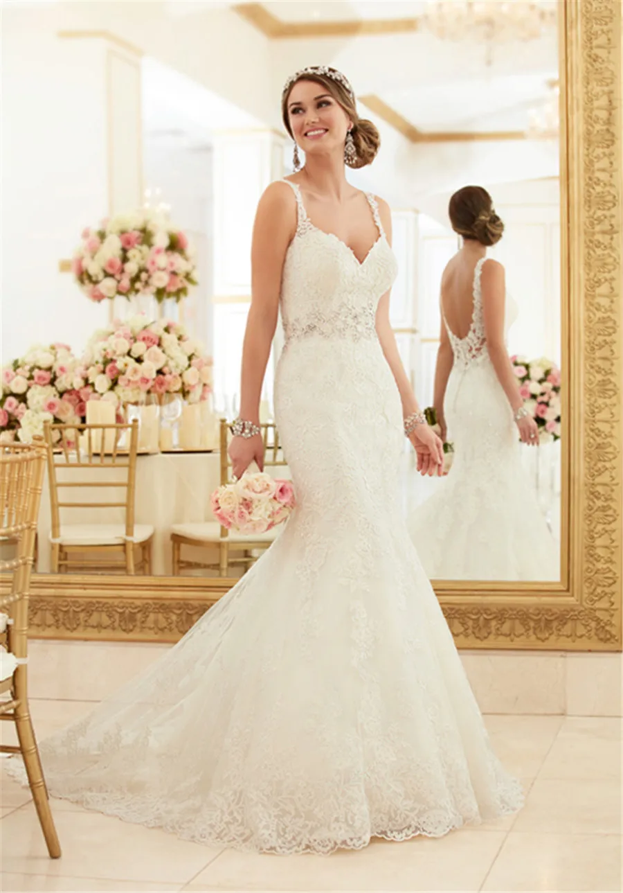 Lacey Sheer Wedding Dress Spaghetti Strap