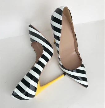 

Designer shoes women luxury 2018 patent leather stripes bridal shoes patchwork stiletto 12CM yellow high heels party pumps