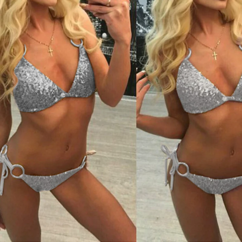 

High Sexy Women Bikinis Sequins Bandage Bikinis Set Push-up Padded Bra Swimsuit Suit Beach Summer Swimwear DOG88
