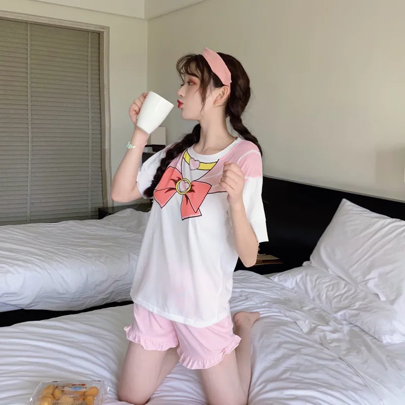 Супер милые аниме Сейлор Мун сладкий Лолита Пижамный костюм футболка с короткими рукавами+ шорты с оборками комплект японский каваи летняя одежда для сна