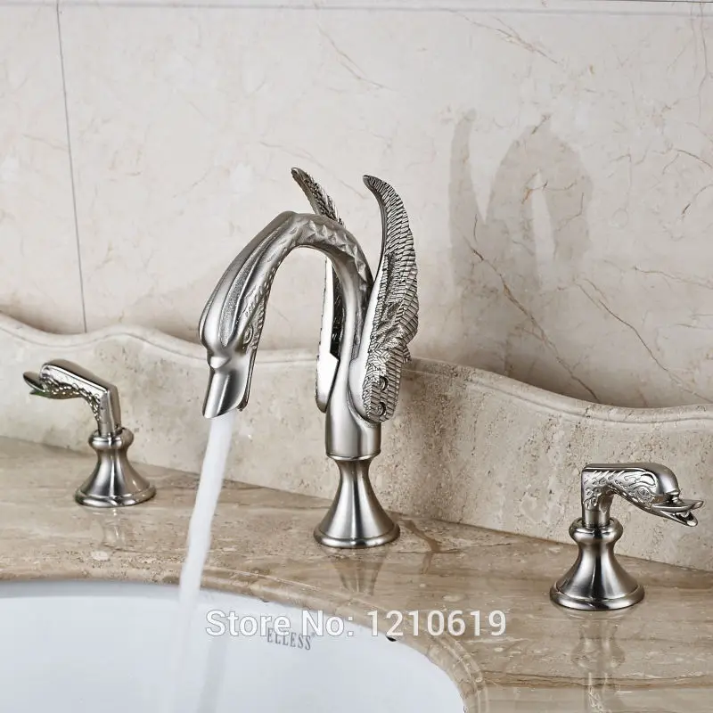 

Newly Luxury Swan Basin Faucet Mixer Tap Nickel Brushed 3Pcs Sink Faucet Hot&Cold Water Tap Deck-mount