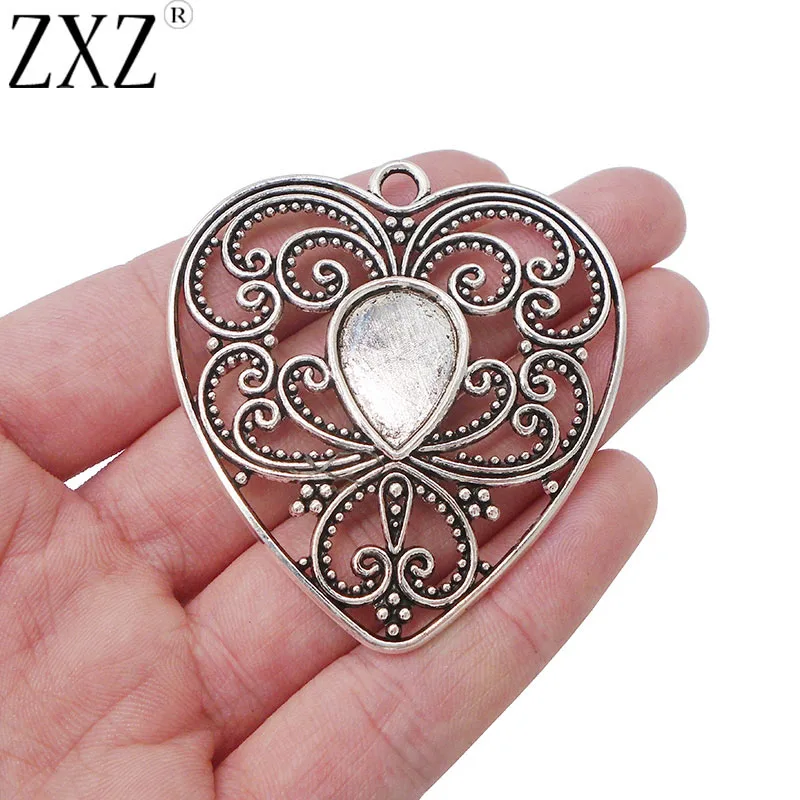 

ZXZ 2pcs Antique Silver Large Heart Charms Necklace Pendants Blank Bezel Setting Stone Resin Jewelry Making Findings 58x52mm