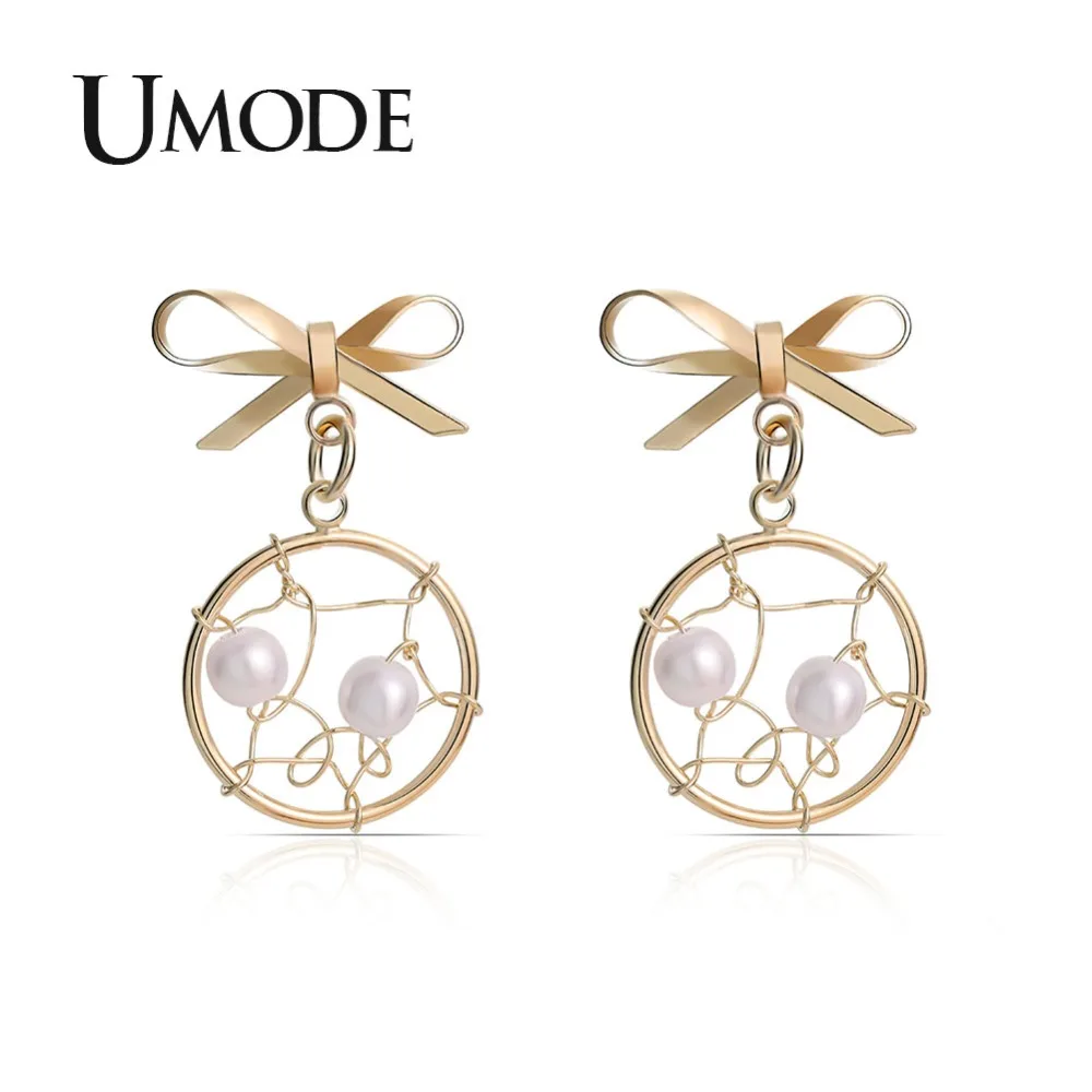 

UMODE Korean Bow Round Cross Line Drop Earrings for Women Gold Pearl Dangle Earrings Bridal Fashion Jewelry Accessories UE0497