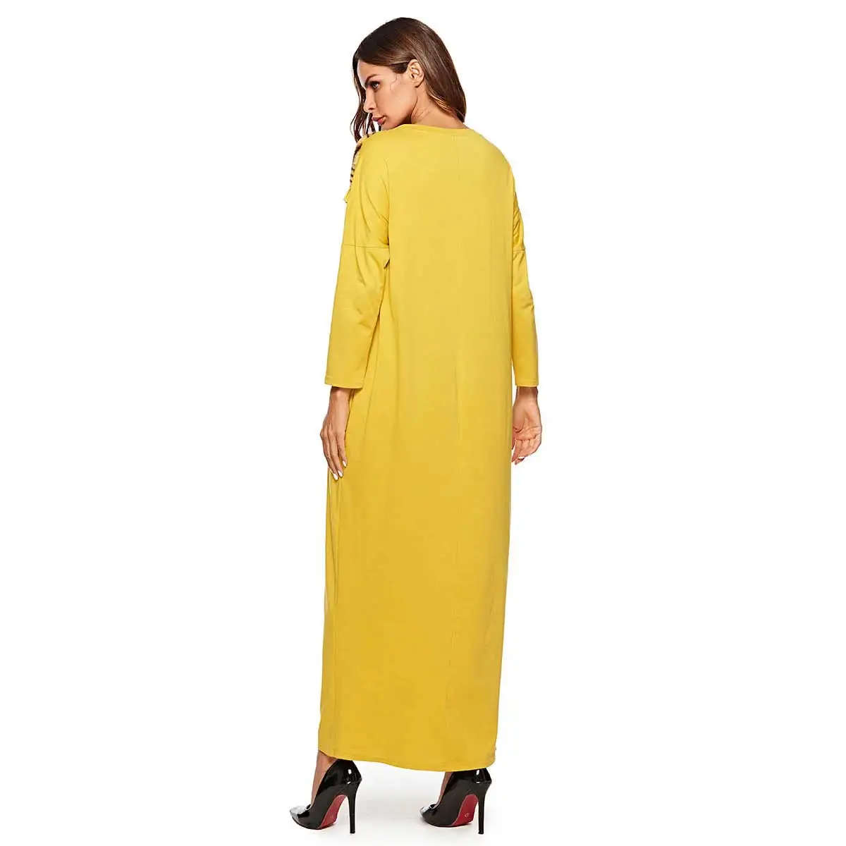 2019 весенние Трикотажные рюшами лоскутное мусульманских абаи более Размеры D для женщин макси платье плюс ислам Дубаи арабский Тауб VKDR1424