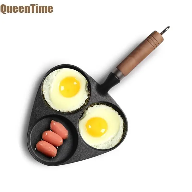 

QueenTime 3 Holes Omelet Pans Cast Iron Eggs Frying Pan Non-stick Crepe Skillet For Breakfast Multifunctional Kitchen Cookware