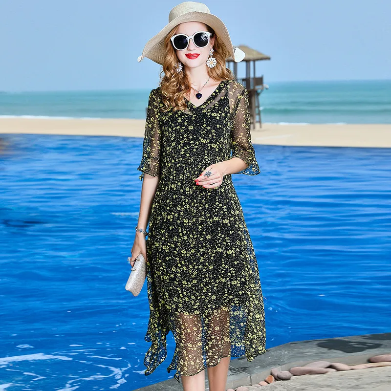 

L3HT1535 European New Fashion high-end women's light Luxury Silk Clothing ladies Dresses 100% Silk Yorgo Print Dress