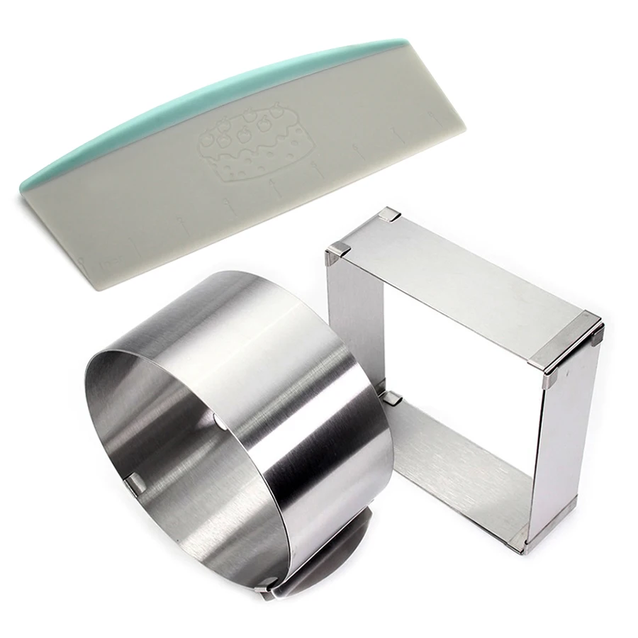 

Stainless Steel Adjustable Cake Mousse Mould set of 3, Cake Baking Cake Decor Mold Ring Round / Square and Dough Scrapers