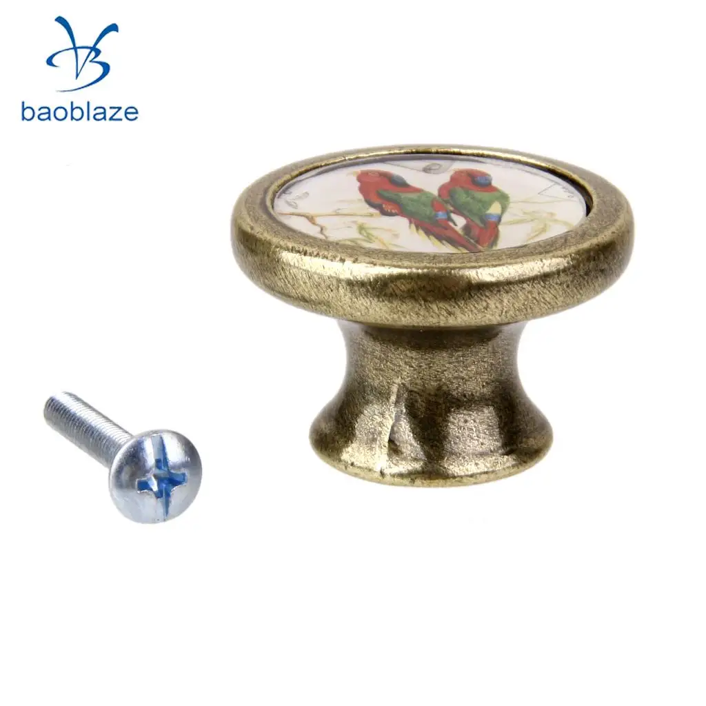 2 Pieces Antique Brass Cabinet Drawer Round Pulls Wardrobe Cabinet Door Cupboard Knob Handle Colorful Birds Pattern