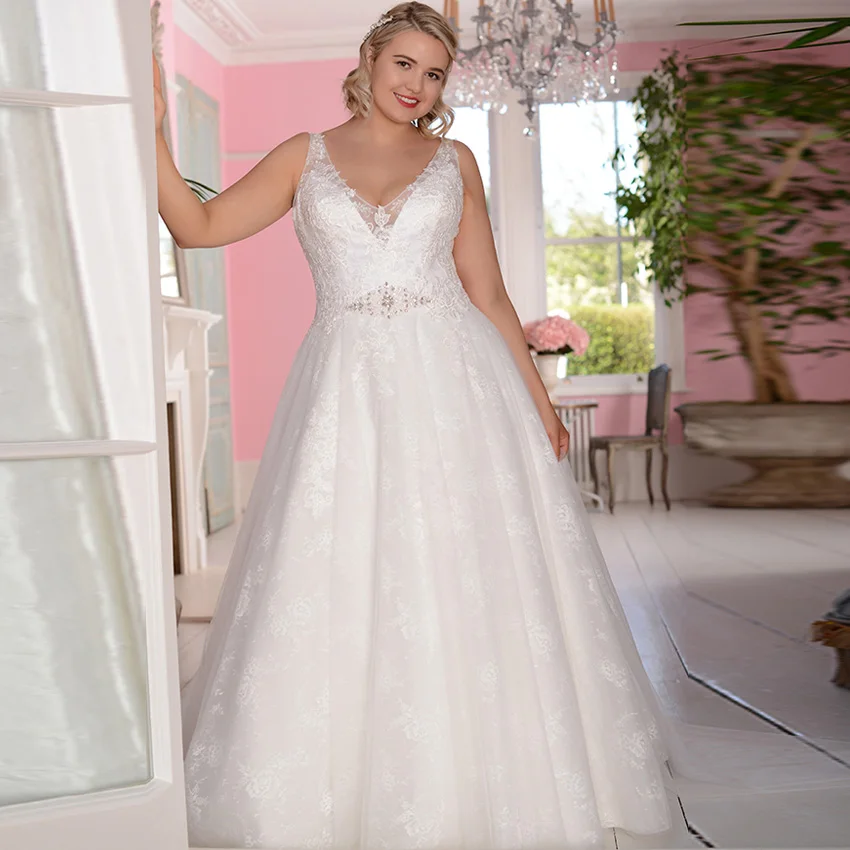 Jiayigong Sexy V-neck Wedding Dresses Plus Size Cap Sleee Lace Beaded A-line Vestidos de Novia Bridal Gowns Robe De Mariage | Свадьбы и