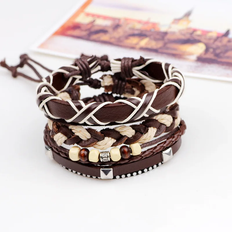 

3pcs/set Boho Hippie Punk Brown Cord Wrap X Letter Word Knots Leather Wooden Pyramid Rivet Beads Layers Wide Bracelets for Man