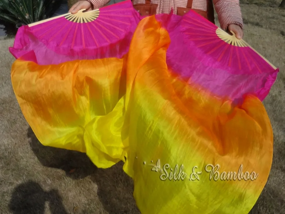 

1 pair 1.1m*0.9m(59"*35") pink-orange-yellow hand painted belly dance silk fan veil for children play, real silk