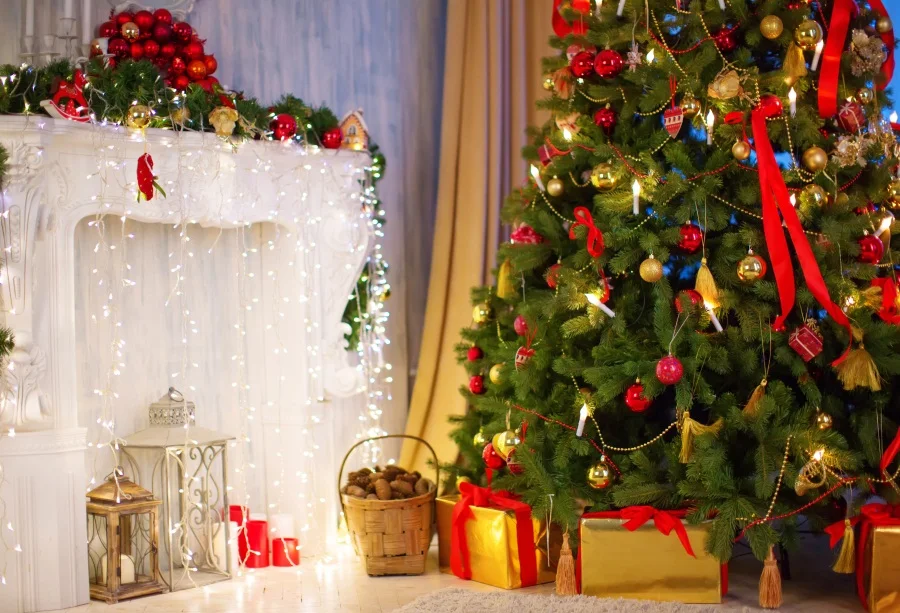 Laeacco Palace arbre de noël cheminée cadeau lampe bébé photographie fond personnalisé décors 