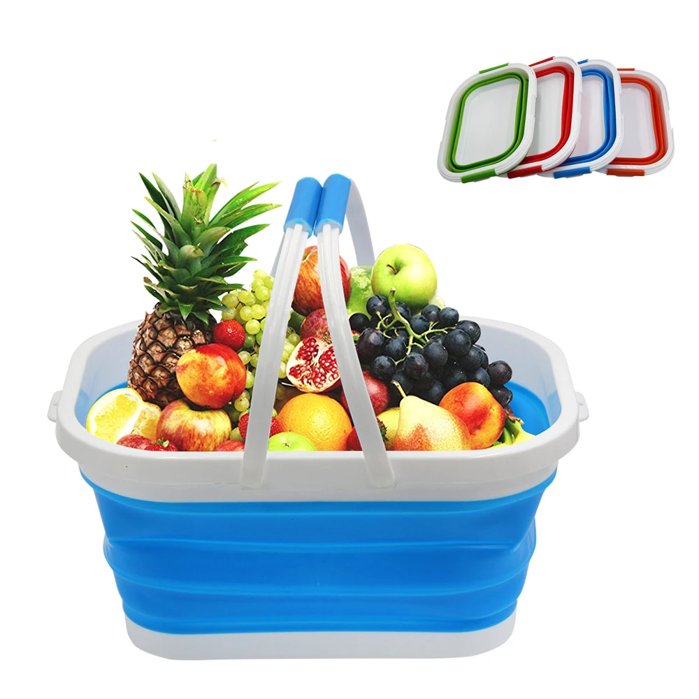 

Silicone Folding Basket With Handles Wash Vegetables Fruits Kitchen Cleaning Tools Poartable Camping Shopping Storage Baskets