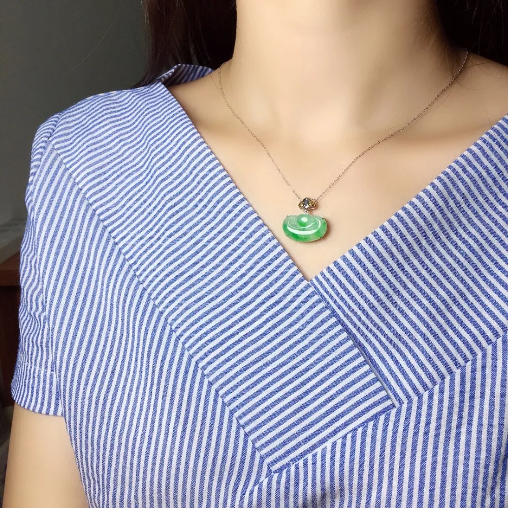 

Fine Jewelry Collection Real 18K White Gold Burmes Jadite Natural Green Jade Gemstone Best wishes Pendant Necklace Fine Pendants