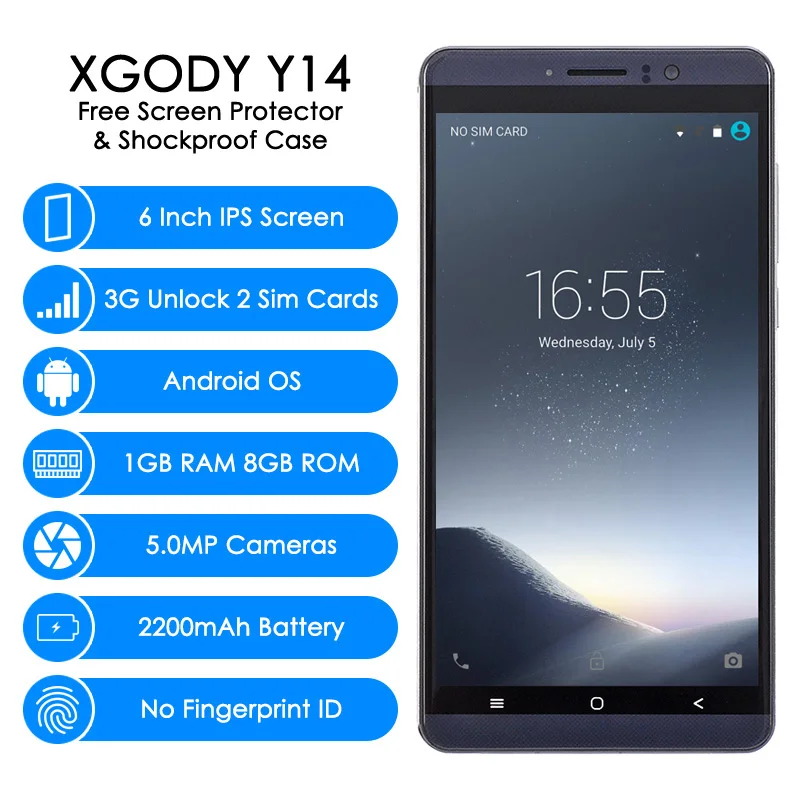 XGODY New 3G Dual Sim Smartphone 6 Inch Android 5.1 Mobile Phone MTK6580 Quad Core 1GB RAM 8GB ROM 5MP Camera GPS WiFi Cellphone XGODY New 3G Dual Sim Smartphone 6 Inch Android 5.1 Mobile Phone MTK6580 Quad Core 1GB RAM 8GB ROM 5MP Camera GPS WiFi Cellphone