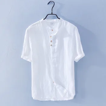 

New Arrival 100% Linen Mens Shirts Luxury Stand Collar Solid Color Mens Dress Shirts Hight Quality Fashion Slim Fit Shirts Man