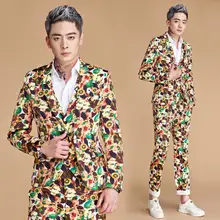 2018 new arrival slim men suit singer stage fashion mens wedding suits printing Floral Green apple formal dress men’s groom suit