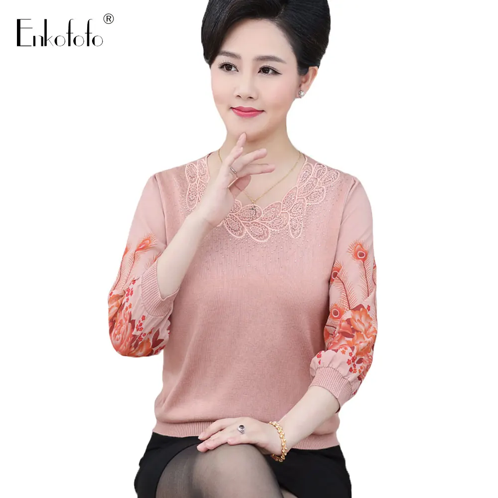 

2019 Spring Summer Women Elegant Casual Blouse Floral Print Lace Diamonds Round Neck Chiffon 3/4 Sleeve Shirt Basic Top Big Size
