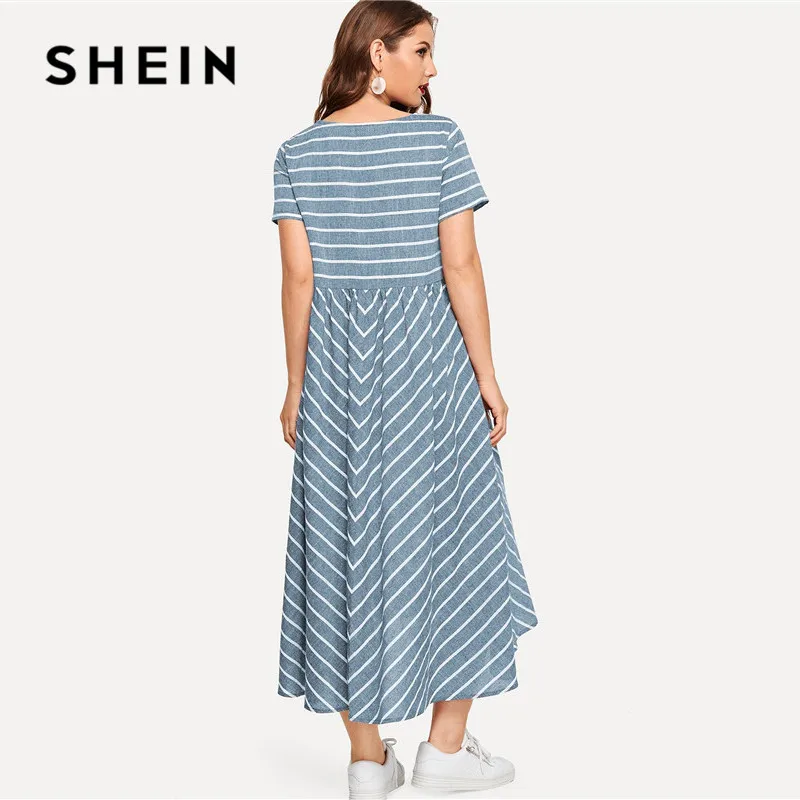 SHEIN Полосатое Платье макси с шевронным принтом, женское повседневное летнее платье с коротким рукавом, хлопковое женское платье трапециевидной формы с круглым вырезом