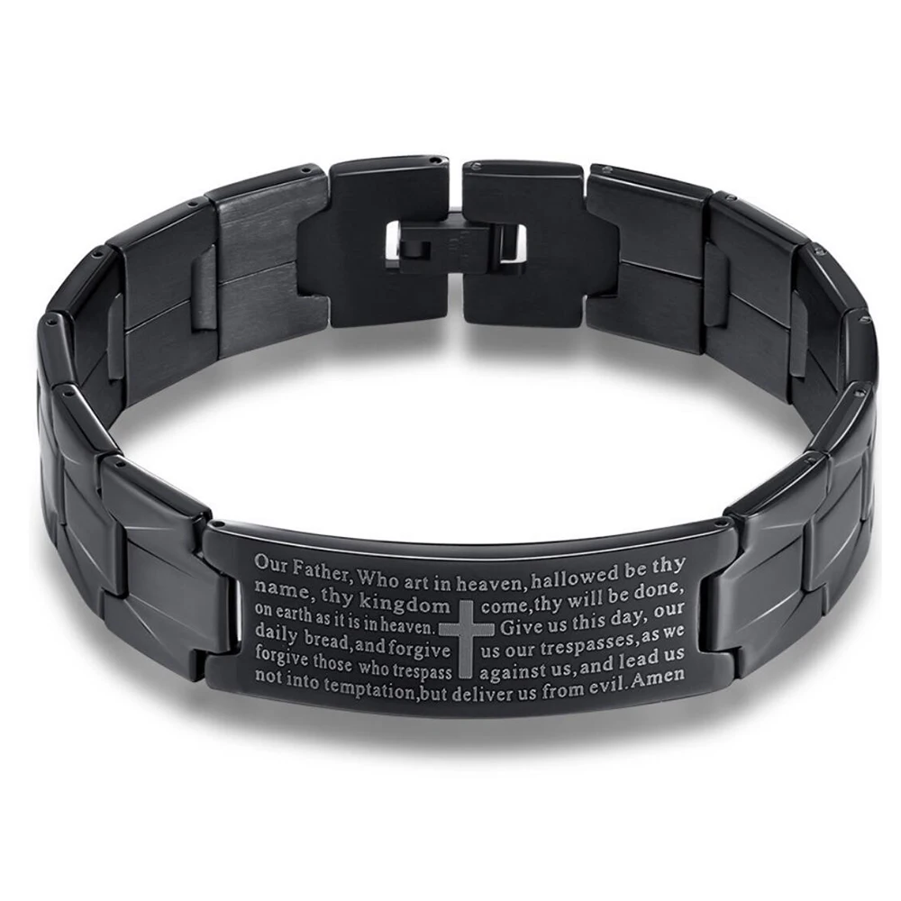 VQYSKO Cross Pattern Stainless Steel Bracelet In Black Color Scripture