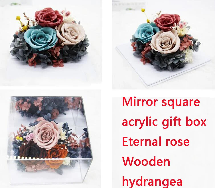 Зеркальный акриловый ящик, сохраненный вечный цветок розы, уникальный в прозрачном дисплее чехол на День святого Валентина, один из видов свежих цветов на День Матери