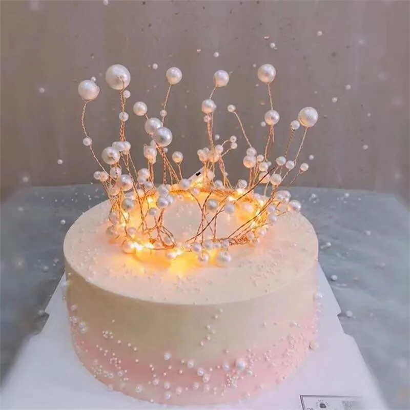 Принцесса блестящая жемчужная Корона Ручной работы головной убор торт Топпер Свадебные невесты и жениха украшение для торта «С Днем Рождения»