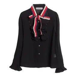 2017 Runway офисные Зимние черные сапоги блузка рубашка Для женщин с длинным рукавом воротник Средства ухода за кожей Шеи бантом женские