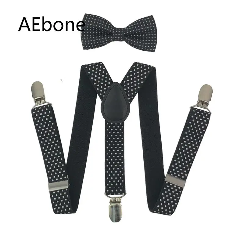 AEbone Fashion Elastic Suspender Kids Brace And Bow Tie Set Black Dot