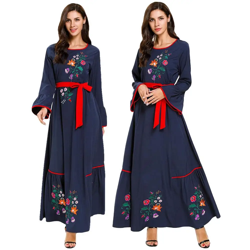 Дубай женские мусульманские платья вышивка, макси-платье абайя, кафтан длинный халат для женщин коктейльные Jilbab с расклешенными рукавами
