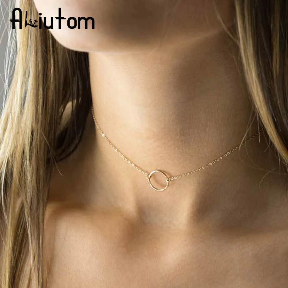 

ALIUTOM 2018 New Fashion Dainty Choker Circle Gold Chain Necklace For Women Charm Circle Chain Choker Necklace