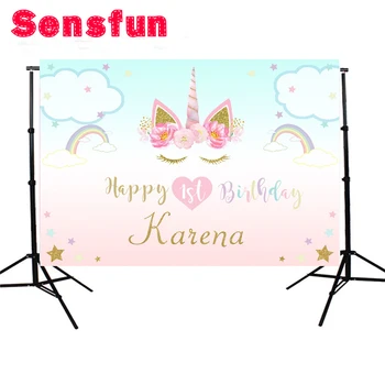 

zy073 Sensfun First Birthday Rainbow Flower Unicorn Backdrop Newborn Custom Photo Backgrounds Studio Backdrops Vinyl 7x5ft
